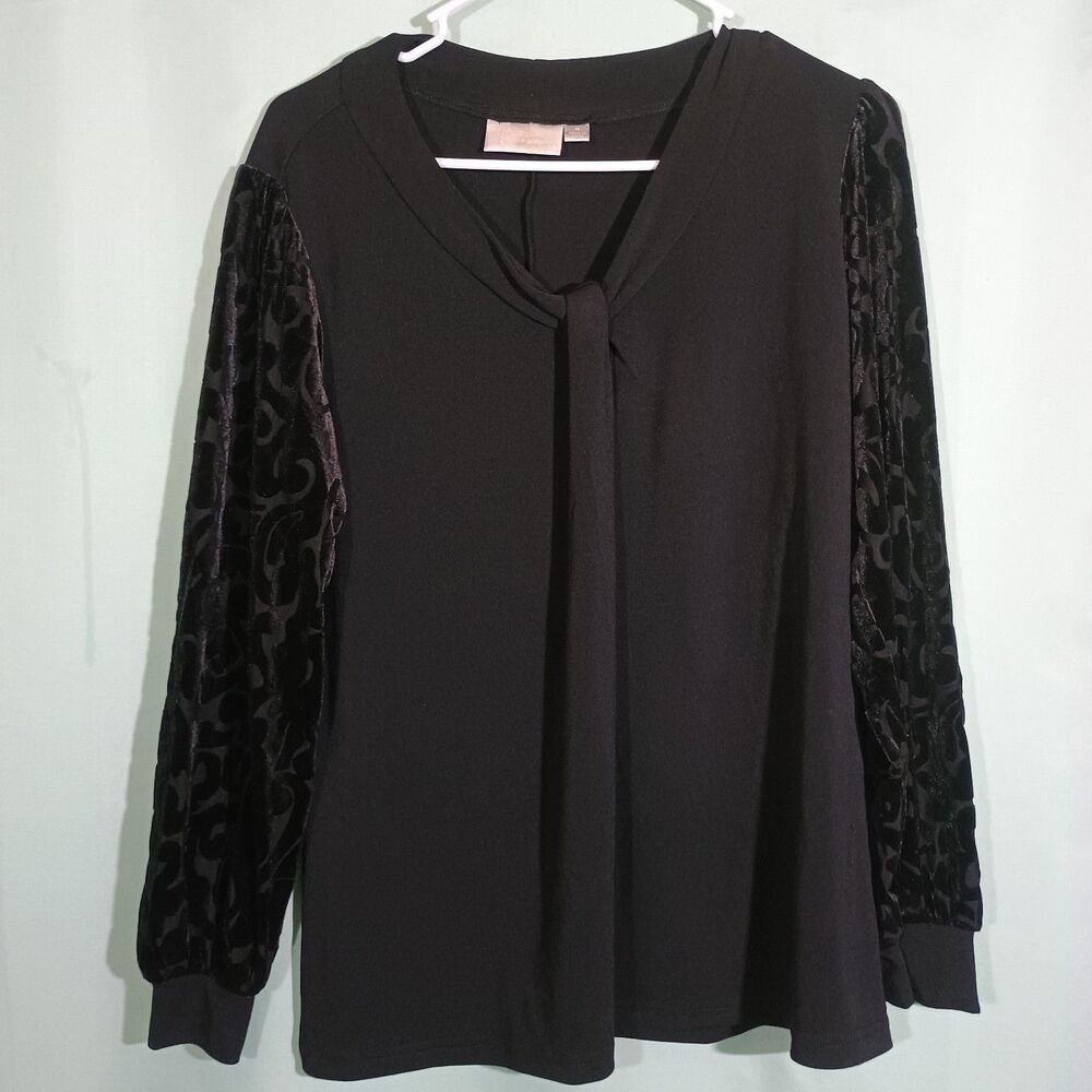 Black Velvet Sleeve Blouse Tie Neck Long Sleeve Dressy Top